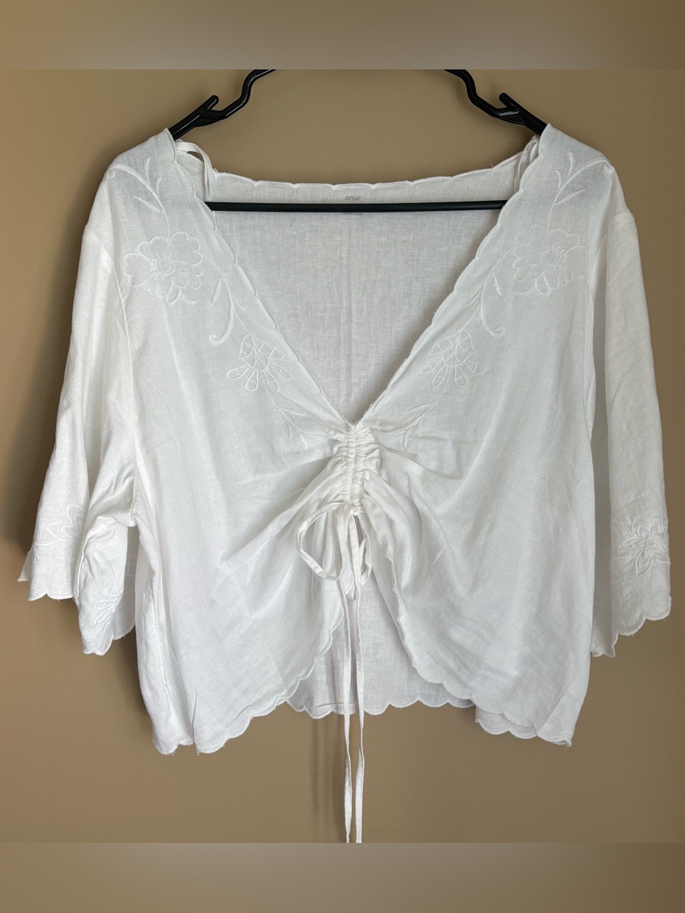 Aerie Cropped Cinch Front White Embroidered Top